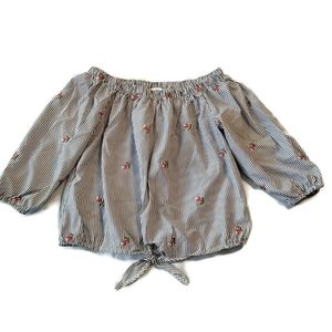 Off Shoulder Crop Shirt L fits M tie hem top stripe